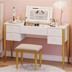 47 Makeup Vanity Desk with Flip Top Mirror, 3 Lighting Mode, 3 in 1 Vanity Table with 5 Drawers, Make Up Vanity Set with Chair for Bedroom