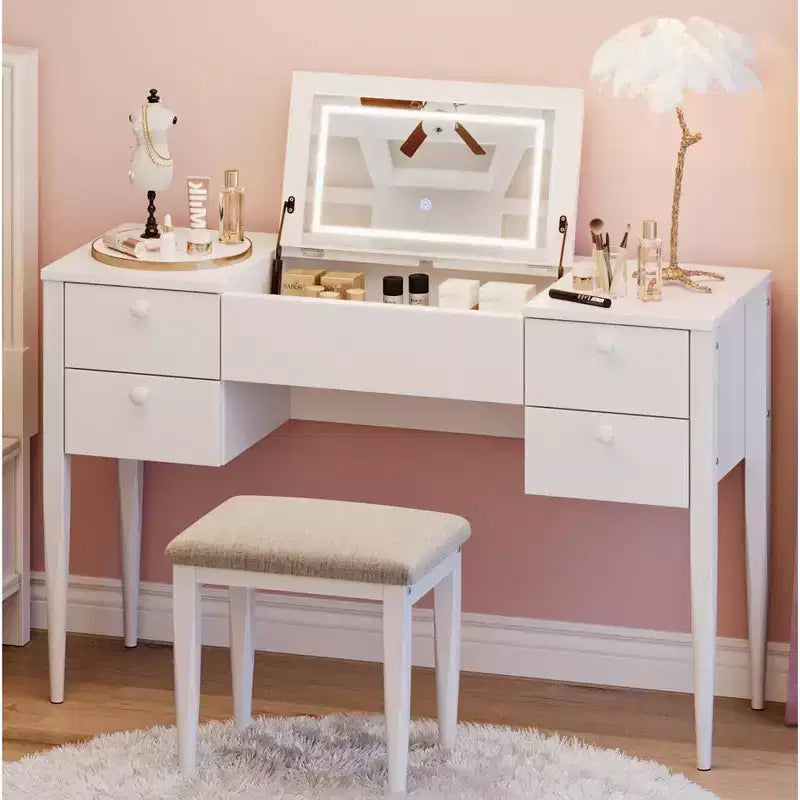 Coiffeuse de maquillage de 47" avec miroir rabattable, 3 modes d'éclairage, coiffeuse 3-en-1 avec 5 tiroirs, coiffeuse avec chaise pour chambre à coucher