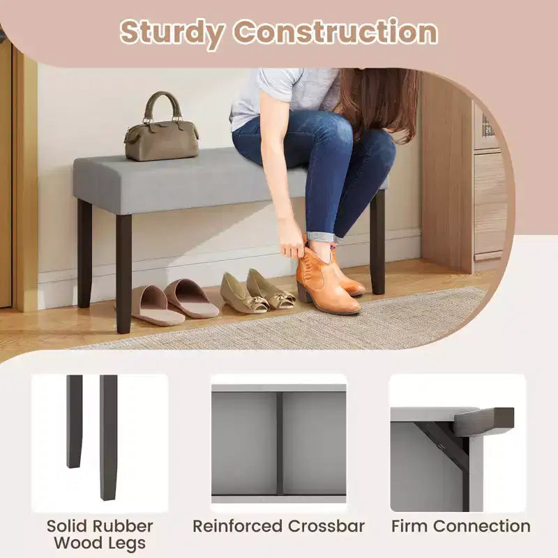 Banc de couloir rembourré 1/2 pièce avec assise matelassée et pieds en bois d'hévéa massif pour salon