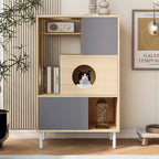 2 in 1 Bookshelf Cat Tree Display Case Cat Litter Box Enclosure Climbing Shelf Bookcase Storage Rack, Natural - ModernLuxe