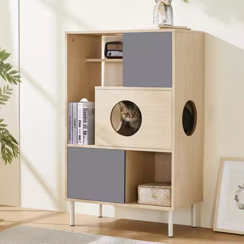 Étagère à livres 2 en 1 avec arbre à chat, vitrine, cache-litière, étagère d'escalade, bibliothèque de rangement, naturel