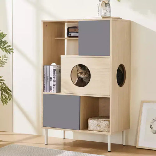 Étagère à livres 2 en 1 avec arbre à chat, vitrine, cache-litière, étagère d'escalade, bibliothèque de rangement, naturel