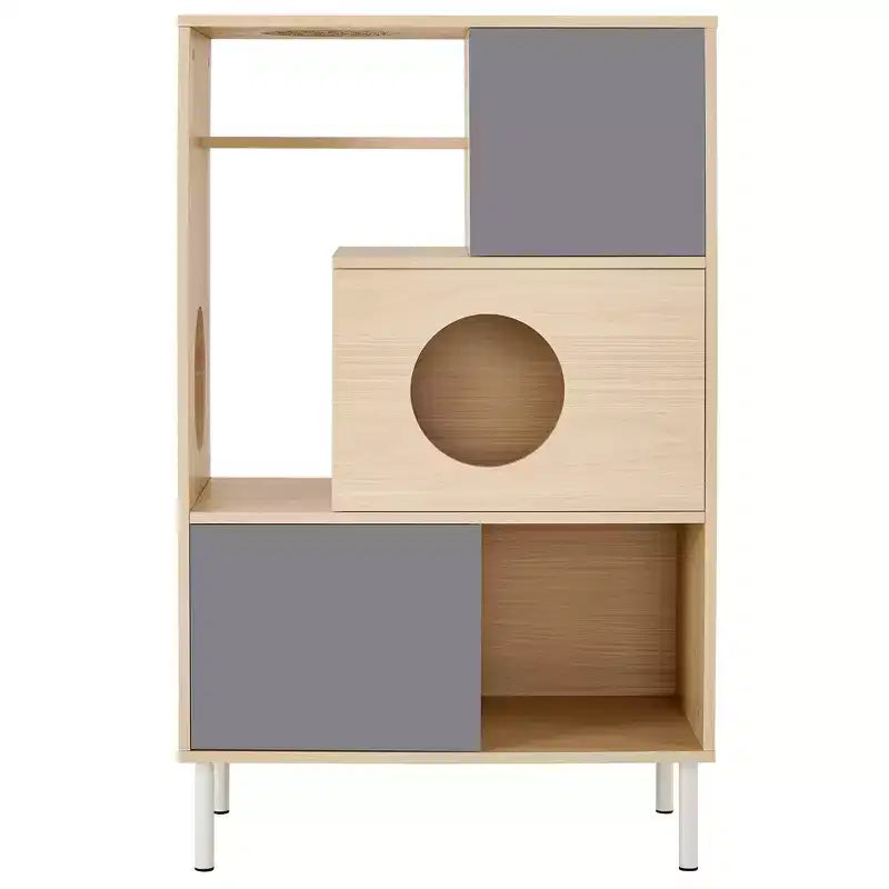 Étagère à livres 2 en 1 avec arbre à chat, vitrine, cache-litière, étagère d'escalade, bibliothèque de rangement, naturel