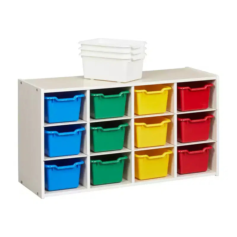 ECR4Kids Streamline 12 Cubby Tray Cabinet and 15 Scoop Front Bins, 3x4, Kids Furniture