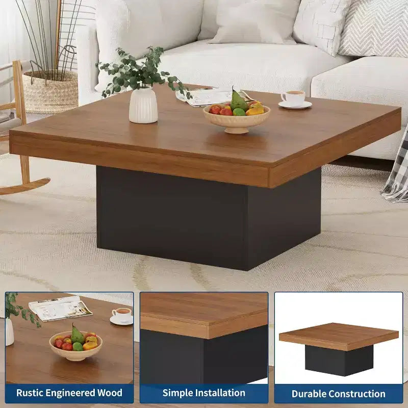 Table basse carrée avec lumières LED, tables de salon de 89 cm, tables basses modernes avec lumières LED 16 couleurs enfichables pour bureau à domicile, marron