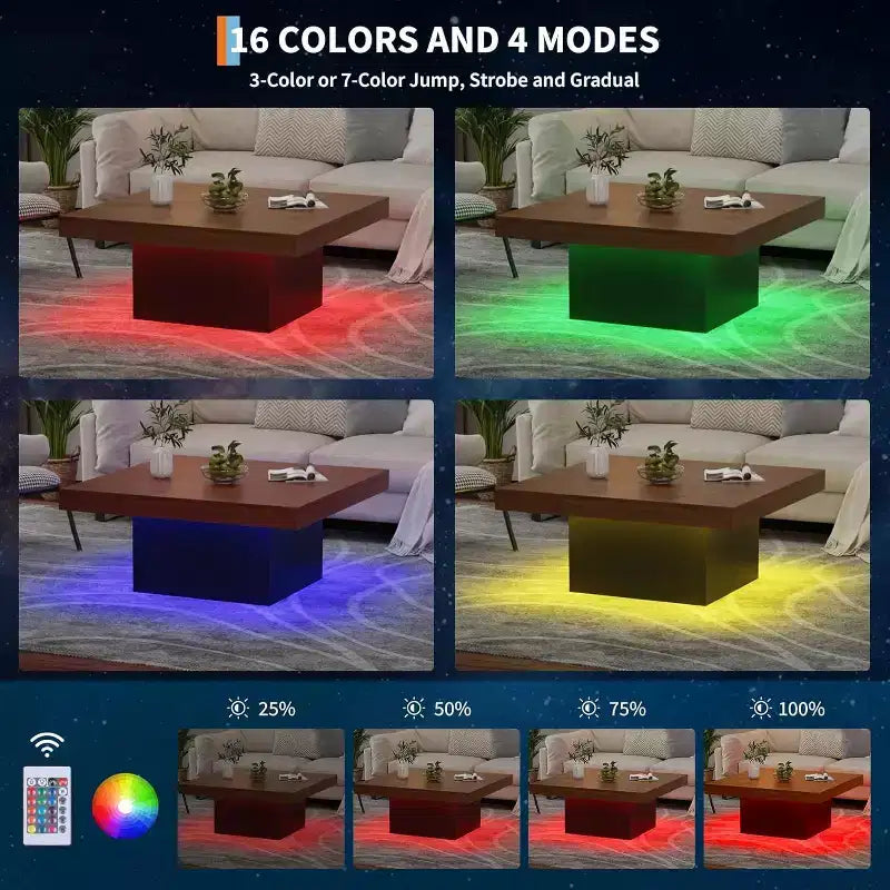 Table basse carrée avec lumières LED, tables de salon de 89 cm, tables basses modernes avec lumières LED 16 couleurs enfichables pour bureau à domicile, marron