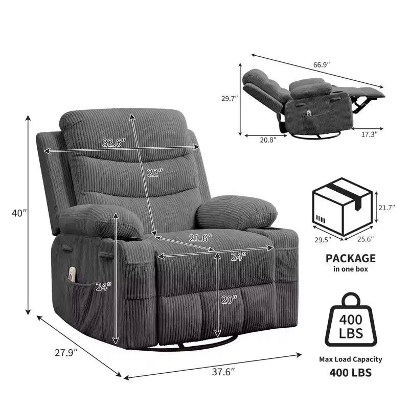 Fauteuil inclinable pivotant et surdimensionné avec massage et chauffage – Fauteuil inclinable pivotant manuel en tissu Lazy Boy pour adultes