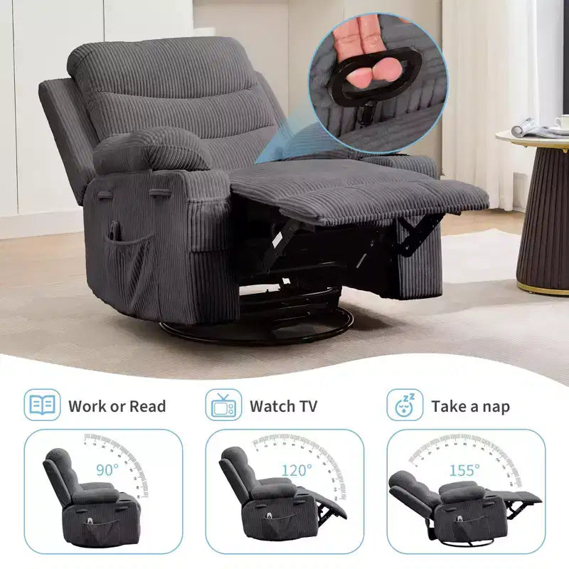 Fauteuil inclinable pivotant et surdimensionné avec massage et chauffage – Fauteuil inclinable pivotant manuel en tissu Lazy Boy pour adultes