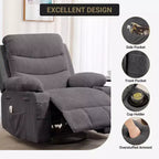 Fauteuil inclinable pivotant et surdimensionné avec massage et chauffage – Fauteuil inclinable pivotant manuel en tissu Lazy Boy pour adultes