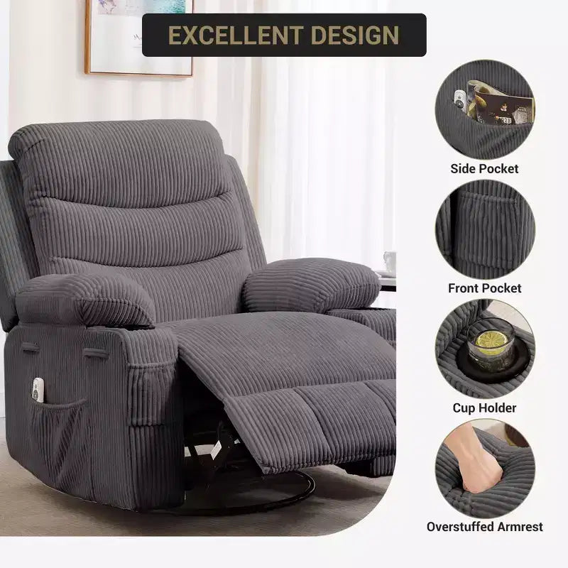 Fauteuil inclinable pivotant et surdimensionné avec massage et chauffage – Fauteuil inclinable pivotant manuel en tissu Lazy Boy pour adultes