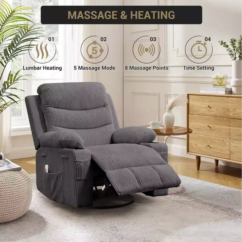 Fauteuil inclinable pivotant et surdimensionné avec massage et chauffage – Fauteuil inclinable pivotant manuel en tissu Lazy Boy pour adultes