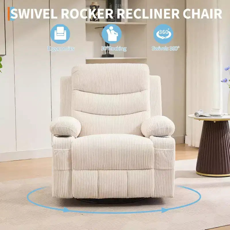 Fauteuil inclinable pivotant et surdimensionné avec massage et chauffage – Fauteuil inclinable pivotant manuel en tissu Lazy Boy pour adultes