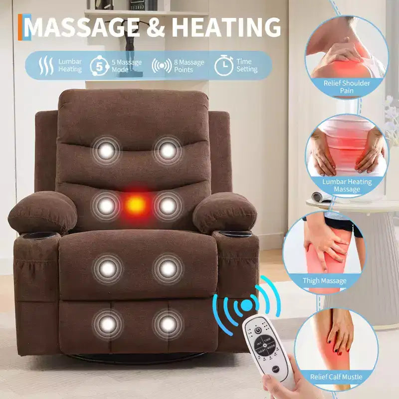 Fauteuil inclinable pivotant et surdimensionné avec massage et chauffage – Fauteuil inclinable pivotant manuel en tissu Lazy Boy pour adultes