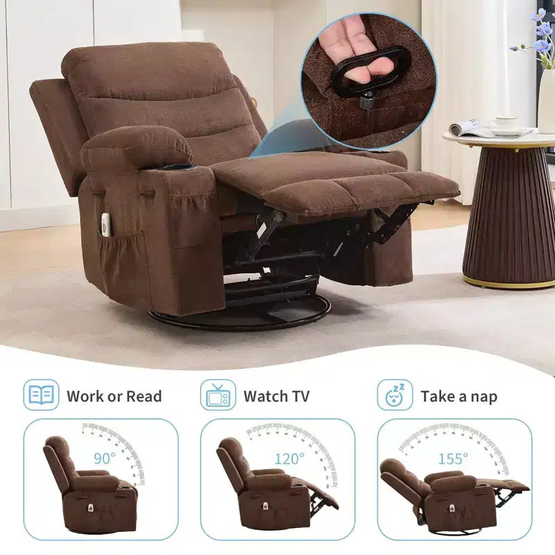 Fauteuil inclinable pivotant et surdimensionné avec massage et chauffage – Fauteuil inclinable pivotant manuel en tissu Lazy Boy pour adultes