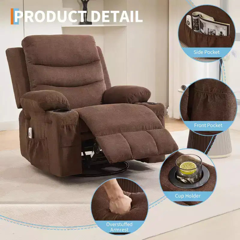 Fauteuil inclinable pivotant et surdimensionné avec massage et chauffage – Fauteuil inclinable pivotant manuel en tissu Lazy Boy pour adultes