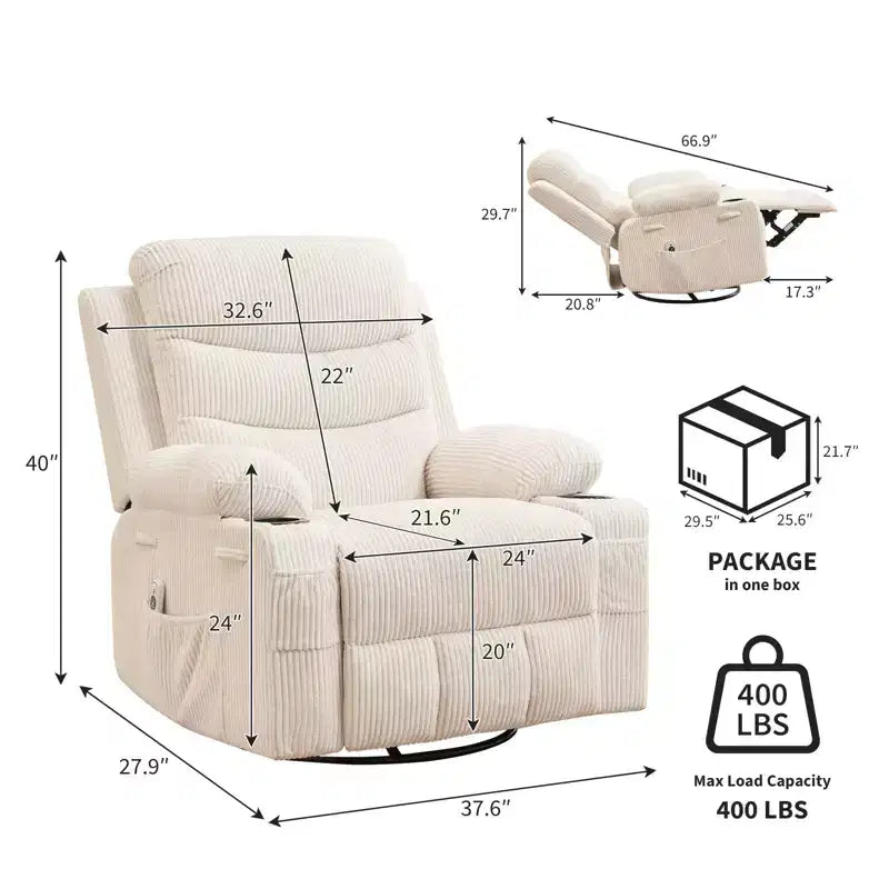 Fauteuil inclinable pivotant et surdimensionné avec massage et chauffage – Fauteuil inclinable pivotant manuel en tissu Lazy Boy pour adultes