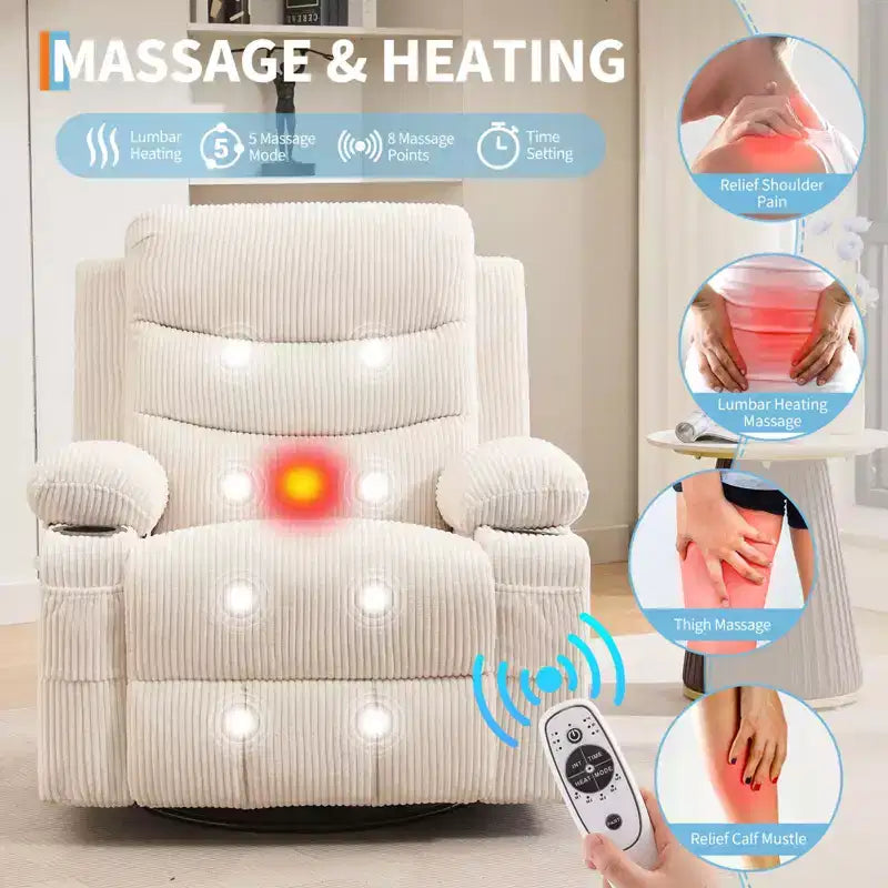 Fauteuil inclinable pivotant et surdimensionné avec massage et chauffage – Fauteuil inclinable pivotant manuel en tissu Lazy Boy pour adultes