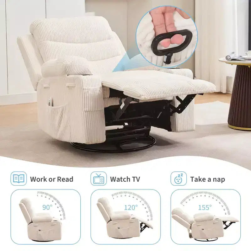 Fauteuil inclinable pivotant et surdimensionné avec massage et chauffage – Fauteuil inclinable pivotant manuel en tissu Lazy Boy pour adultes