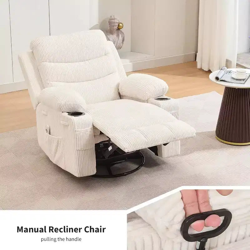 Fauteuil inclinable pivotant et surdimensionné avec massage et chauffage – Fauteuil inclinable pivotant manuel en tissu Lazy Boy pour adultes
