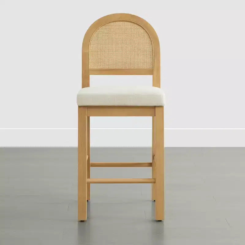 Tabouret de comptoir bohème en rotin avec dossier incurvé et assise coussinée