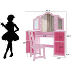 Coiffeuse et chaise 2-en-1 pour filles, miroir triptyque, grand rangement, miroir tactile, montage facile, pour chambre d'enfant, rose et blanc