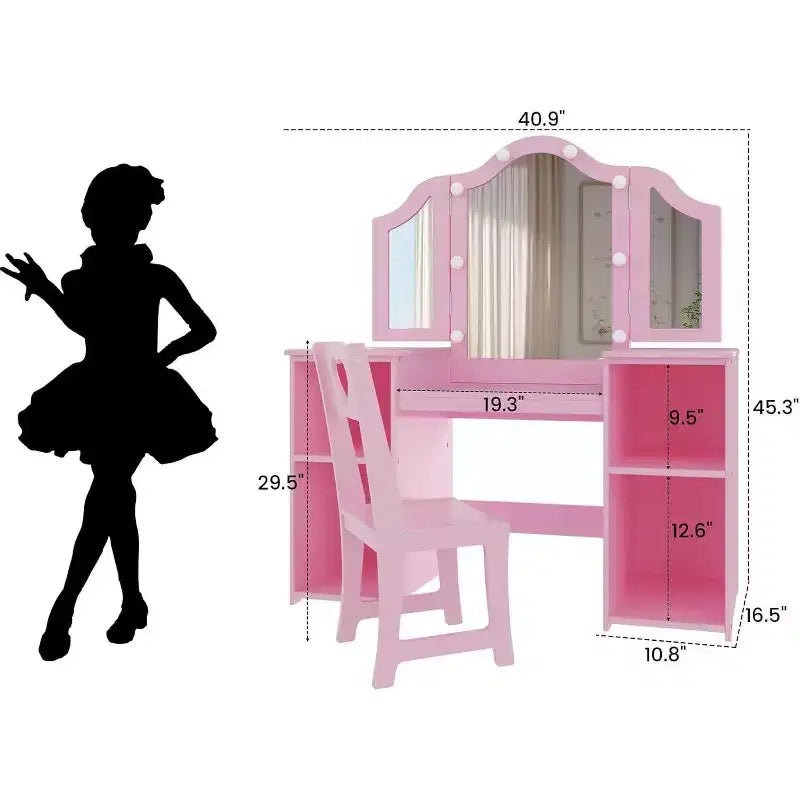 Coiffeuse et chaise 2-en-1 pour filles, miroir triptyque, grand rangement, miroir tactile, montage facile, pour chambre d'enfant, rose et blanc