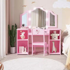 Coiffeuse et chaise 2-en-1 pour filles, miroir triptyque, grand rangement, miroir tactile, montage facile, pour chambre d'enfant, rose et blanc