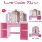 Coiffeuse et chaise 2-en-1 pour filles, miroir triptyque, grand rangement, miroir tactile, montage facile, pour chambre d'enfant, rose et blanc