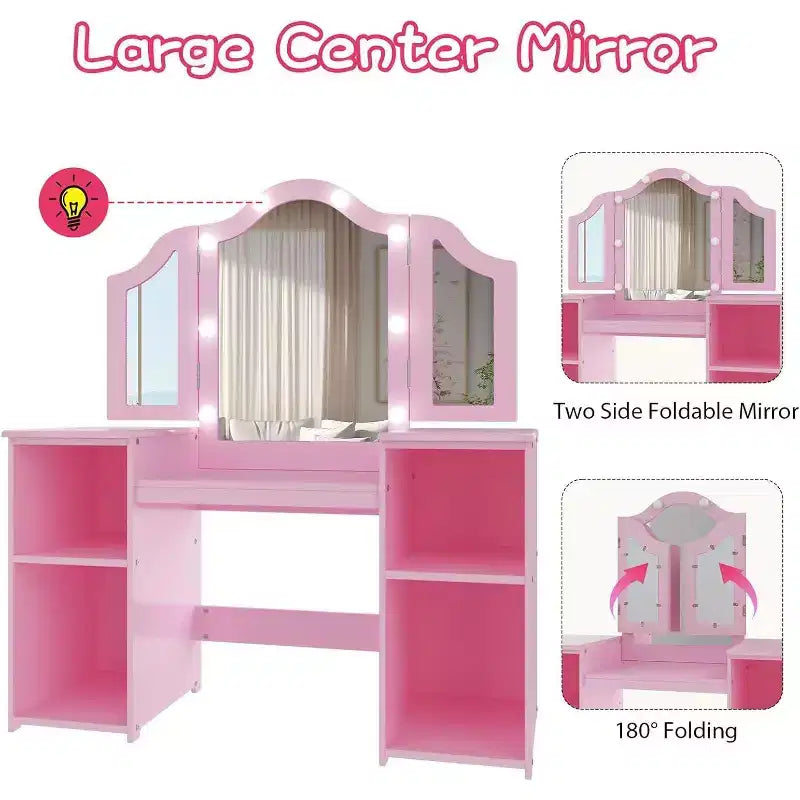 Coiffeuse et chaise 2-en-1 pour filles, miroir triptyque, grand rangement, miroir tactile, montage facile, pour chambre d'enfant, rose et blanc
