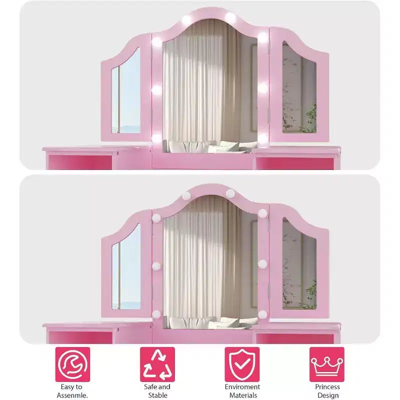 Coiffeuse et chaise 2-en-1 pour filles, miroir triptyque, grand rangement, miroir tactile, montage facile, pour chambre d'enfant, rose et blanc