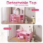Coiffeuse et chaise 2-en-1 pour filles, miroir triptyque, grand rangement, miroir tactile, montage facile, pour chambre d'enfant, rose et blanc