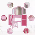 Coiffeuse et chaise 2-en-1 pour filles, miroir triptyque, grand rangement, miroir tactile, montage facile, pour chambre d'enfant, rose et blanc