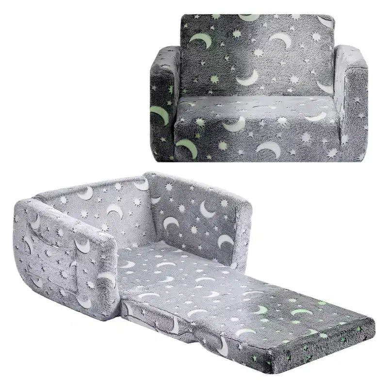 VEVOR 2-in-1 Kids Sofa, Foldable Toddler Soft Couch with Armrests, Glow in the Dark Kids Couch Fold Out with 28D Sponge & Flannel, M, Gray