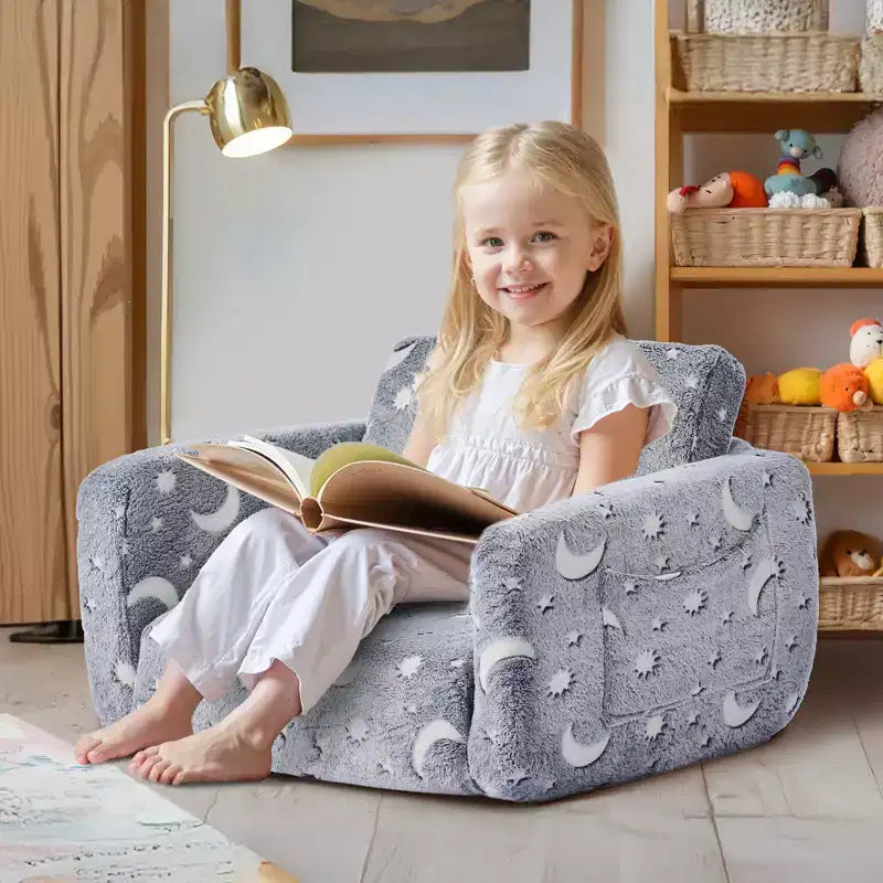 Canapé 2-en-1 pour enfants, canapé souple pliable pour tout-petits avec accoudoirs, canapé-lit dépliable pour enfants phosphorescent avec éponge 28D et flanelle, M, Gris