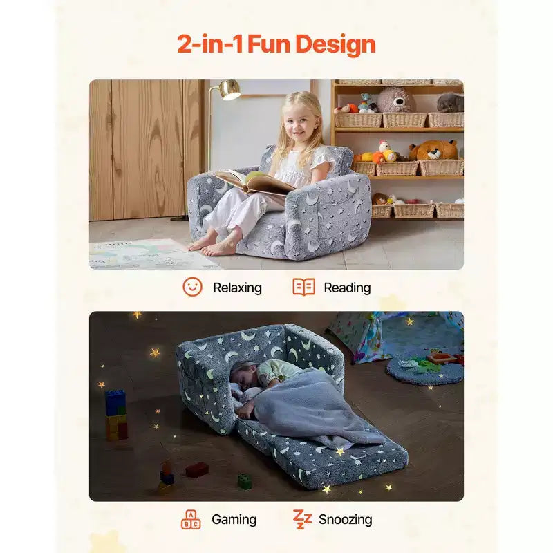 Canapé 2-en-1 pour enfants, canapé souple pliable pour tout-petits avec accoudoirs, canapé-lit dépliable pour enfants phosphorescent avec éponge 28D et flanelle, M, Gris
