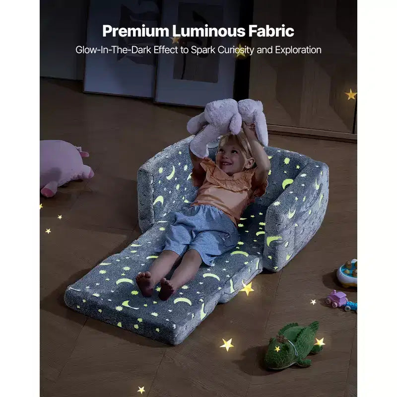 Canapé 2-en-1 pour enfants, canapé souple pliable pour tout-petits avec accoudoirs, canapé-lit dépliable pour enfants phosphorescent avec éponge 28D et flanelle, M, Gris