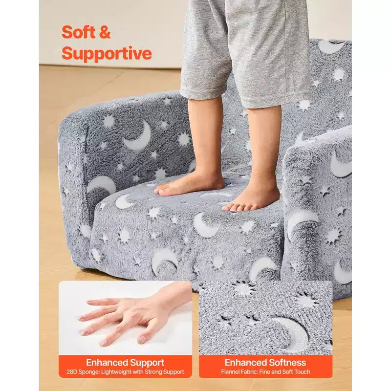 Canapé 2-en-1 pour enfants, canapé souple pliable pour tout-petits avec accoudoirs, canapé-lit dépliable pour enfants phosphorescent avec éponge 28D et flanelle, M, Gris