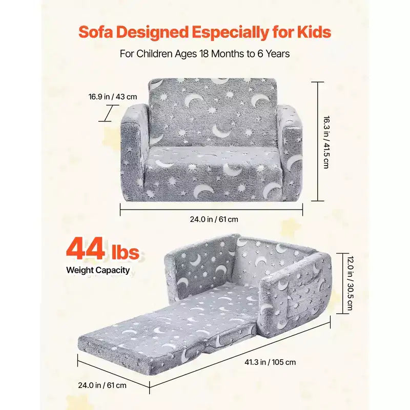 Canapé 2-en-1 pour enfants, canapé souple pliable pour tout-petits avec accoudoirs, canapé-lit dépliable pour enfants phosphorescent avec éponge 28D et flanelle, M, Gris
