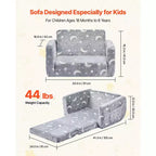 Canapé 2-en-1 pour enfants, canapé souple pliable pour tout-petits avec accoudoirs, canapé-lit dépliable pour enfants phosphorescent avec éponge 28D et flanelle, M, Gris