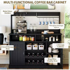 Buffet de café style ferme de 47 po, table de buffet rustique grise avec casier à vin et étagères réglables pour la cuisine et la salle à manger