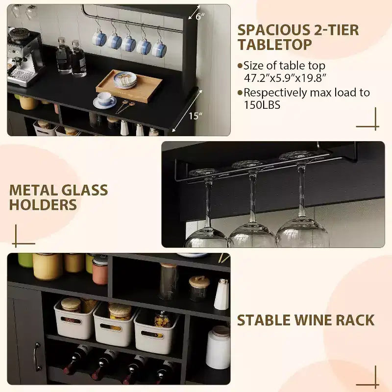Buffet de café style ferme de 47 po, table de buffet rustique grise avec casier à vin et étagères réglables pour la cuisine et la salle à manger
