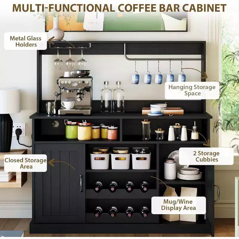 Buffet de café style ferme de 47 po, table de buffet rustique grise avec casier à vin et étagères réglables pour la cuisine et la salle à manger
