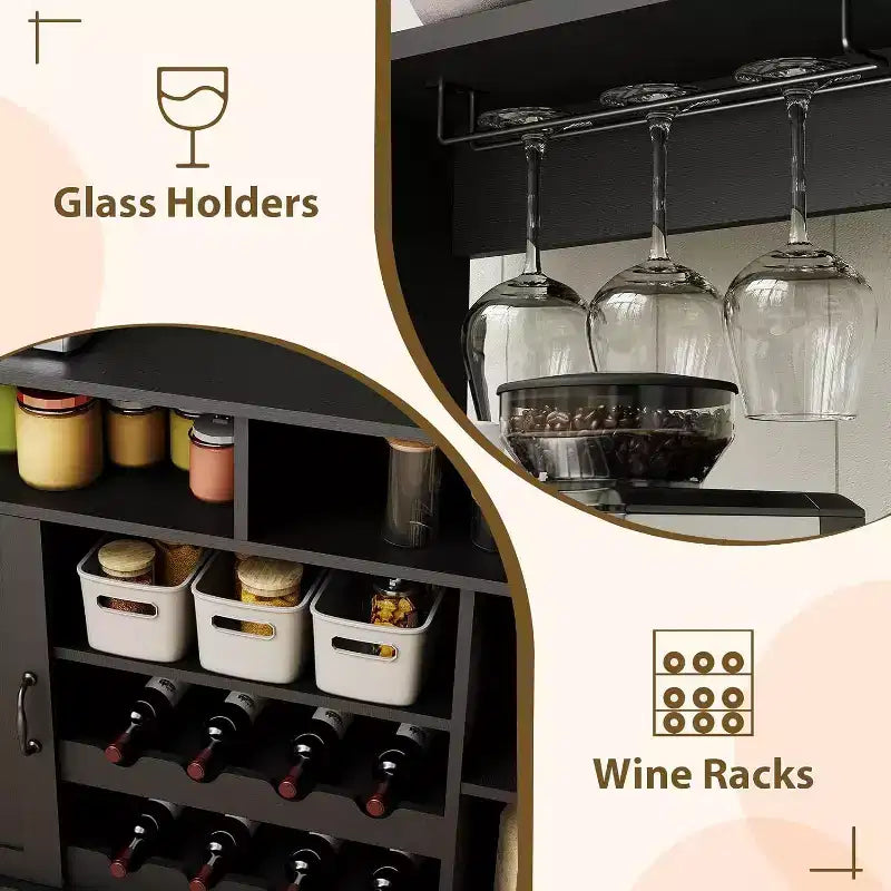Buffet de café style ferme de 47 po, table de buffet rustique grise avec casier à vin et étagères réglables pour la cuisine et la salle à manger