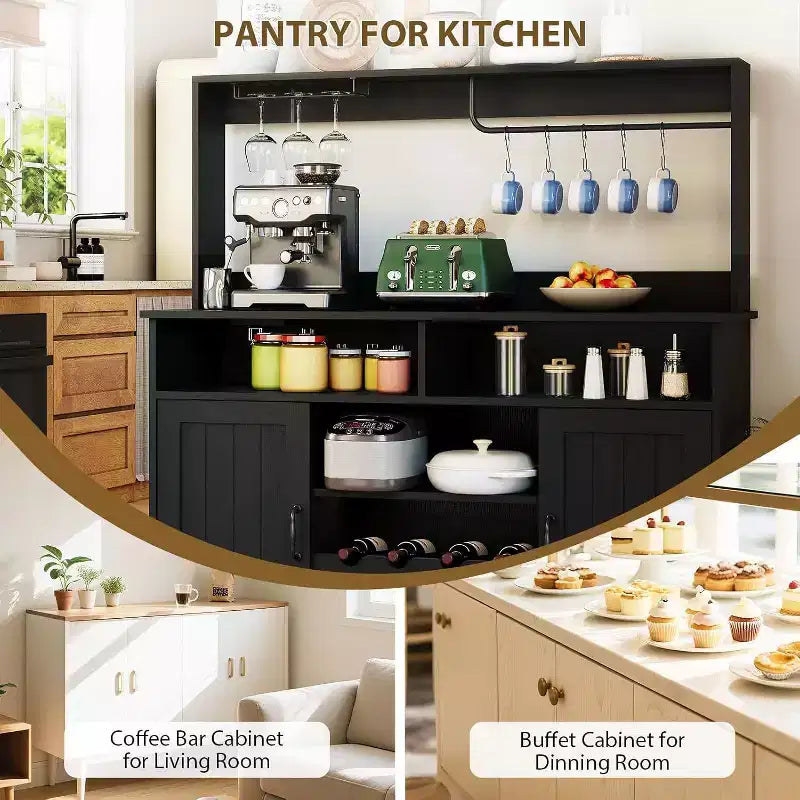 Buffet de café style ferme de 47 po, table de buffet rustique grise avec casier à vin et étagères réglables pour la cuisine et la salle à manger