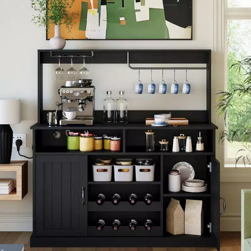 Buffet de café style ferme de 47 po, table de buffet rustique grise avec casier à vin et étagères réglables pour la cuisine et la salle à manger