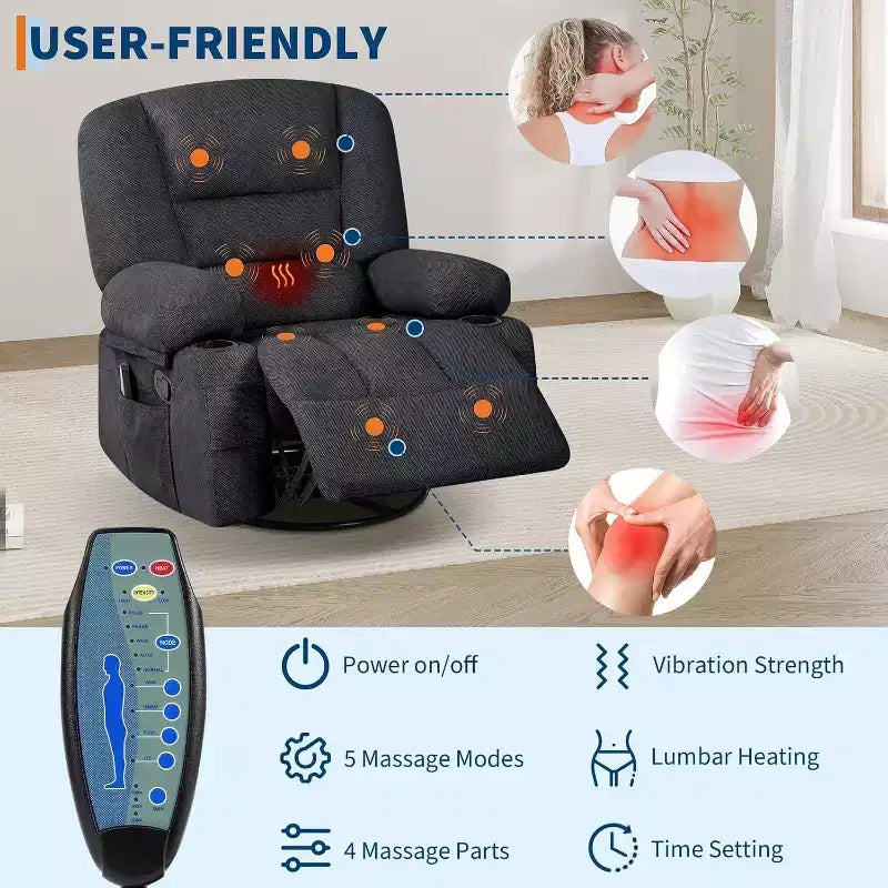 Fauteuil inclinable surdimensionné et pivotant avec fonction de bercement, massage apaisant et chaleur lombaire, inclinable manuel avec porte-gobelets, tissu chenille/PU