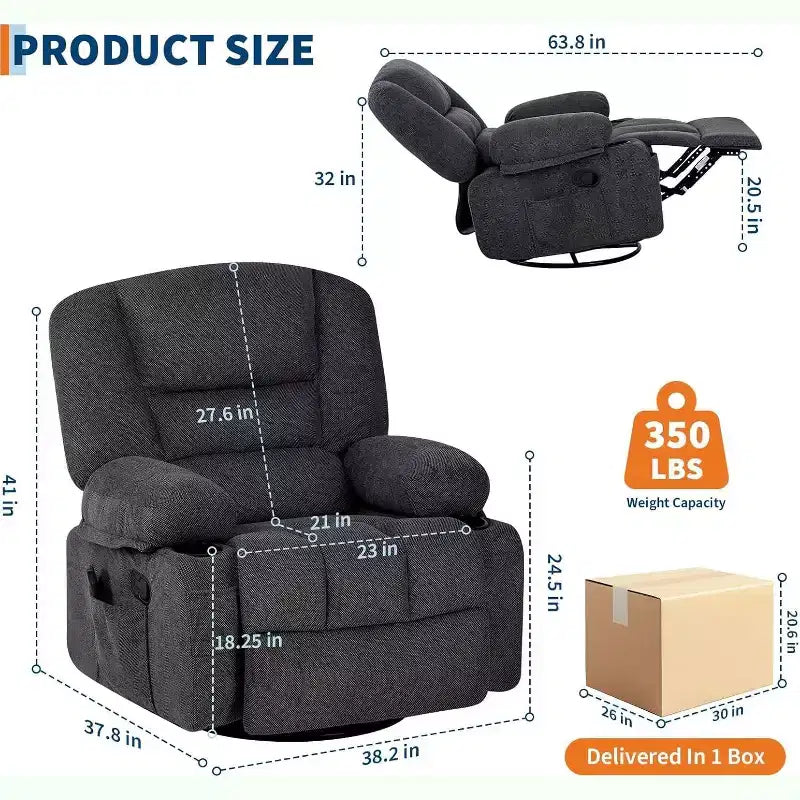 Fauteuil inclinable surdimensionné et pivotant avec fonction de bercement, massage apaisant et chaleur lombaire, inclinable manuel avec porte-gobelets, tissu chenille/PU