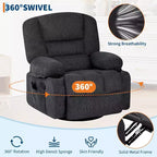Fauteuil inclinable surdimensionné et pivotant avec fonction de bercement, massage apaisant et chaleur lombaire, inclinable manuel avec porte-gobelets, tissu chenille/PU