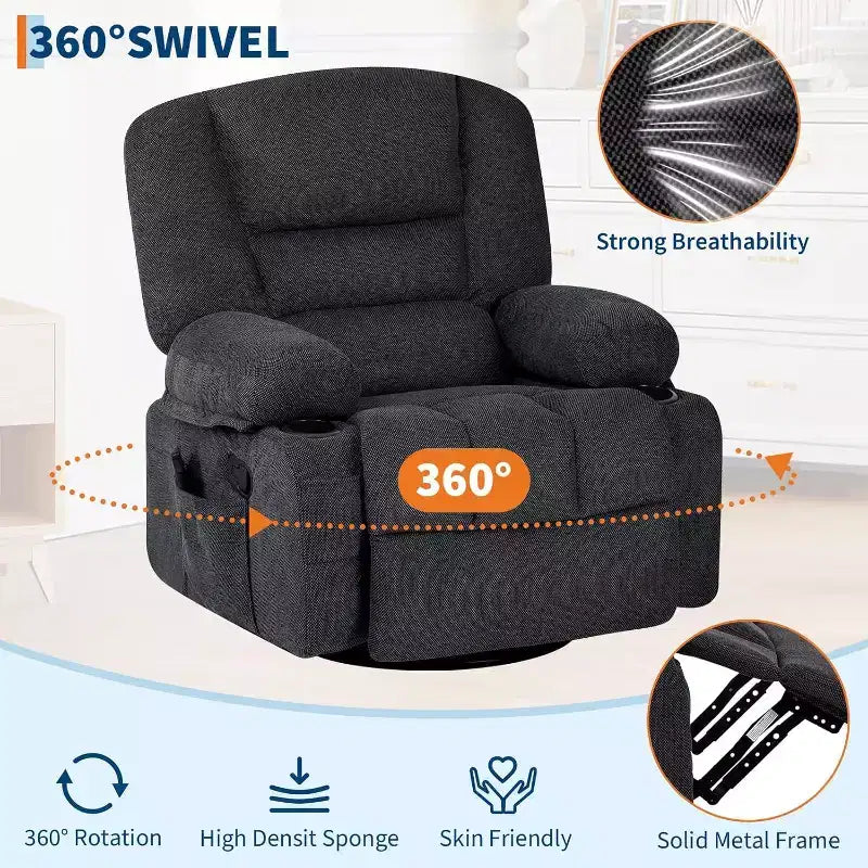 Fauteuil inclinable surdimensionné et pivotant avec fonction de bercement, massage apaisant et chaleur lombaire, inclinable manuel avec porte-gobelets, tissu chenille/PU