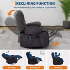 Fauteuil inclinable surdimensionné et pivotant avec fonction de bercement, massage apaisant et chaleur lombaire, inclinable manuel avec porte-gobelets, tissu chenille/PU